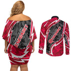 Melbourne Renegades Couples Matching Off Shoulder Short Dress and Long Sleeve Button Shirt Flaming Lightning Storm Geometric Sports Mascot Art