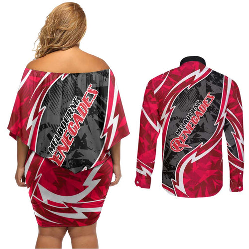 Melbourne Renegades Couples Matching Off Shoulder Short Dress and Long Sleeve Button Shirt Flaming Lightning Storm Geometric Sports Mascot Art