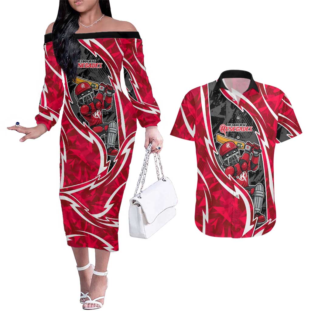 Melbourne Renegades Couples Matching Off The Shoulder Long Sleeve Dress and Hawaiian Shirt Flaming Lightning Storm Geometric Sports Mascot Art