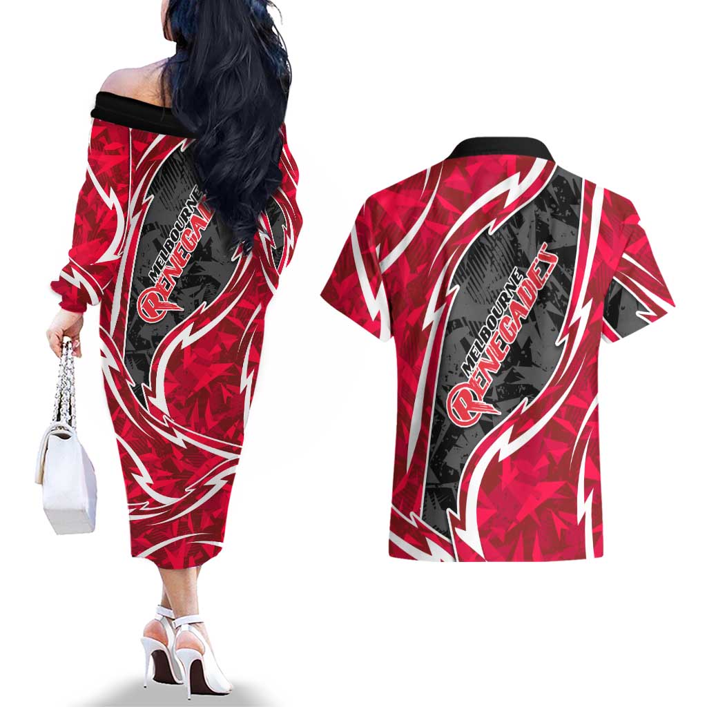 Melbourne Renegades Couples Matching Off The Shoulder Long Sleeve Dress and Hawaiian Shirt Flaming Lightning Storm Geometric Sports Mascot Art