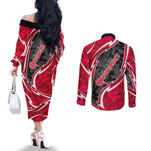 Melbourne Renegades Couples Matching Off The Shoulder Long Sleeve Dress and Long Sleeve Button Shirt Flaming Lightning Storm Geometric Sports Mascot Art