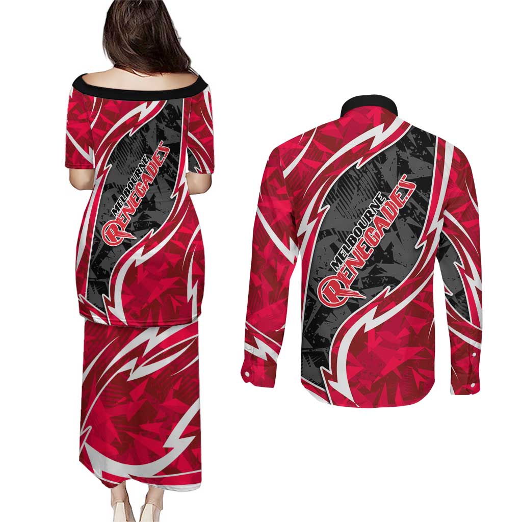Melbourne Renegades Couples Matching Puletasi and Long Sleeve Button Shirt Flaming Lightning Storm Geometric Sports Mascot Art