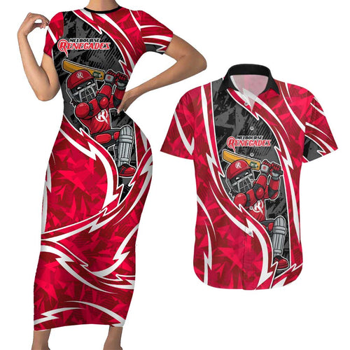 Melbourne Renegades Couples Matching Short Sleeve Bodycon Dress and Hawaiian Shirt Flaming Lightning Storm Geometric Sports Mascot Art