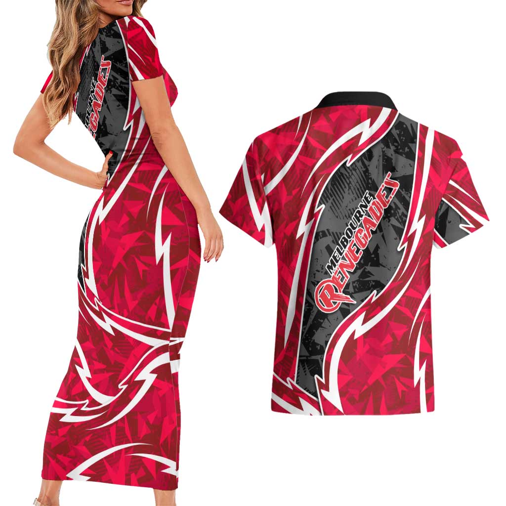Melbourne Renegades Couples Matching Short Sleeve Bodycon Dress and Hawaiian Shirt Flaming Lightning Storm Geometric Sports Mascot Art