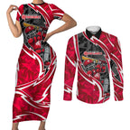 Melbourne Renegades Couples Matching Short Sleeve Bodycon Dress and Long Sleeve Button Shirt Flaming Lightning Storm Geometric Sports Mascot Art