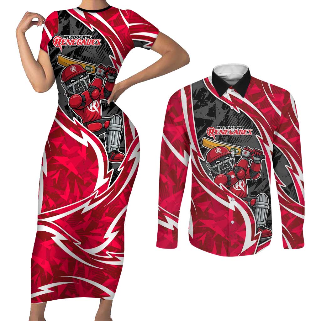 Melbourne Renegades Couples Matching Short Sleeve Bodycon Dress and Long Sleeve Button Shirt Flaming Lightning Storm Geometric Sports Mascot Art