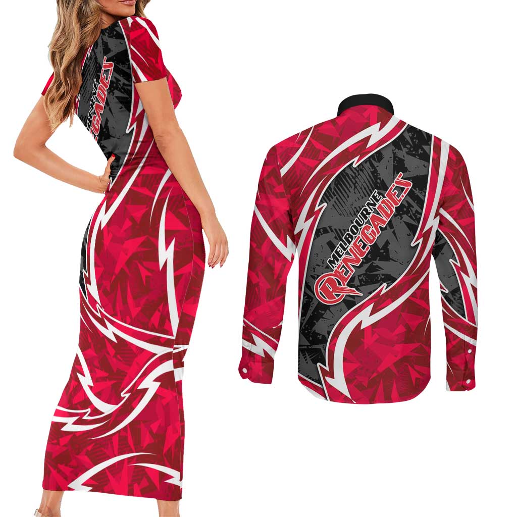 Melbourne Renegades Couples Matching Short Sleeve Bodycon Dress and Long Sleeve Button Shirt Flaming Lightning Storm Geometric Sports Mascot Art