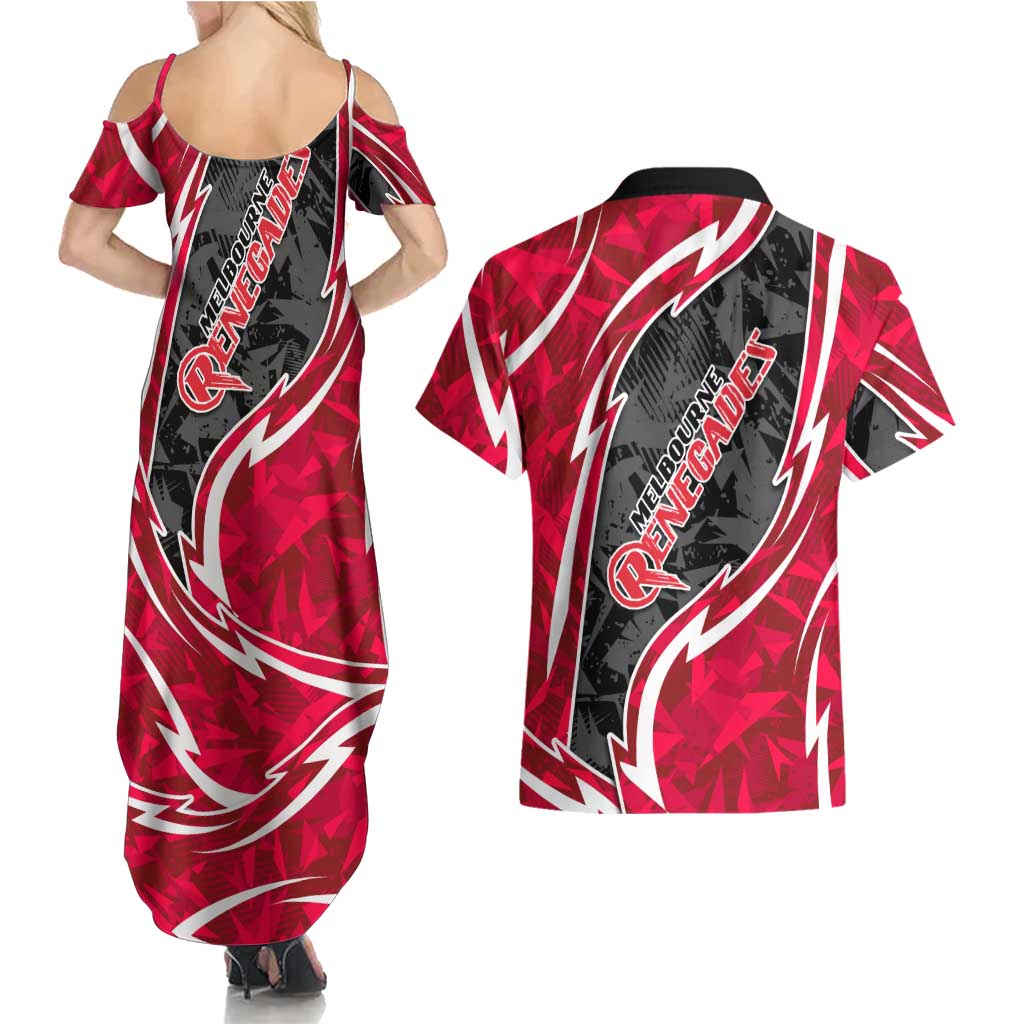 Melbourne Renegades Couples Matching Summer Maxi Dress and Hawaiian Shirt Flaming Lightning Storm Geometric Sports Mascot Art