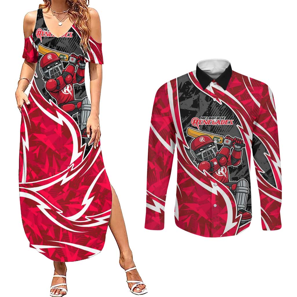 Melbourne Renegades Couples Matching Summer Maxi Dress and Long Sleeve Button Shirt Flaming Lightning Storm Geometric Sports Mascot Art