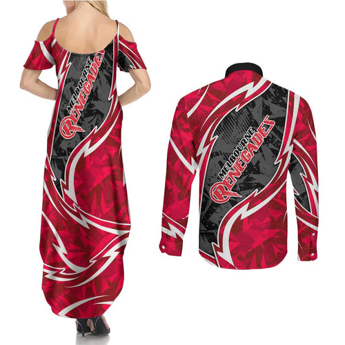 Melbourne Renegades Couples Matching Summer Maxi Dress and Long Sleeve Button Shirt Flaming Lightning Storm Geometric Sports Mascot Art
