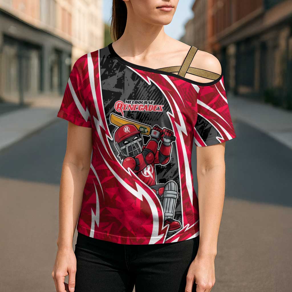 Melbourne Renegades Cross Shoulder Shirt Flaming Lightning Storm Geometric Sports Mascot Art