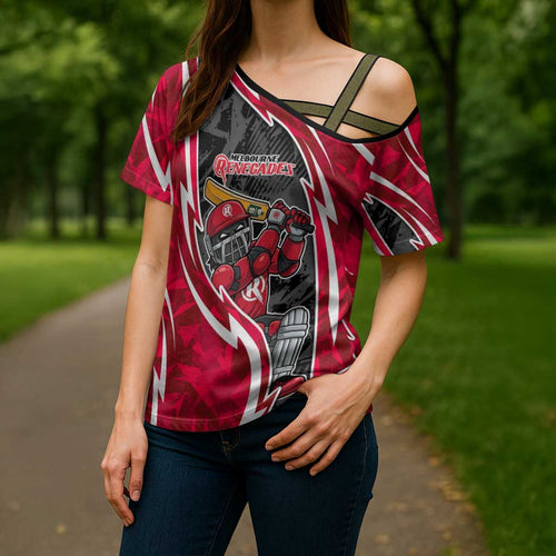 Melbourne Renegades Cross Shoulder Shirt Flaming Lightning Storm Geometric Sports Mascot Art