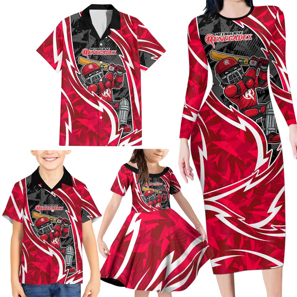 Melbourne Renegades Family Matching Long Sleeve Bodycon Dress and Hawaiian Shirt Flaming Lightning Storm Geometric Sports Mascot Art