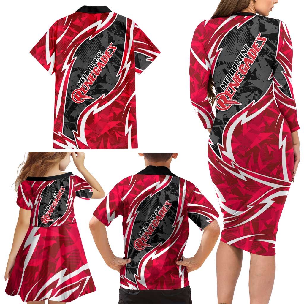 Melbourne Renegades Family Matching Long Sleeve Bodycon Dress and Hawaiian Shirt Flaming Lightning Storm Geometric Sports Mascot Art