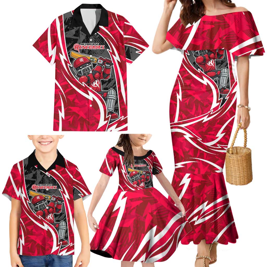 Melbourne Renegades Family Matching Mermaid Dress and Hawaiian Shirt Flaming Lightning Storm Geometric Sports Mascot Art