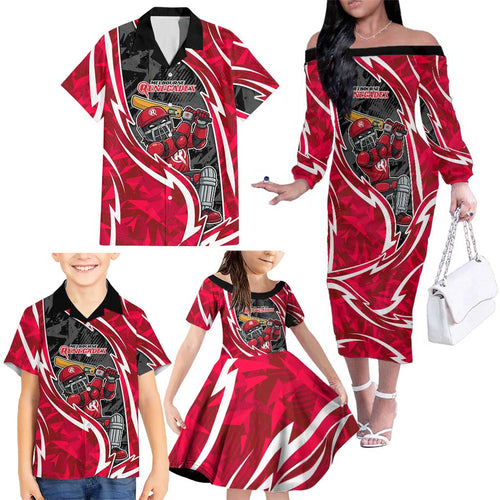Melbourne Renegades Family Matching Off The Shoulder Long Sleeve Dress and Hawaiian Shirt Flaming Lightning Storm Geometric Sports Mascot Art