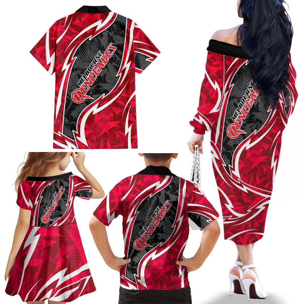 Melbourne Renegades Family Matching Off The Shoulder Long Sleeve Dress and Hawaiian Shirt Flaming Lightning Storm Geometric Sports Mascot Art