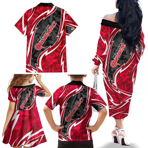 Melbourne Renegades Family Matching Off The Shoulder Long Sleeve Dress and Hawaiian Shirt Flaming Lightning Storm Geometric Sports Mascot Art