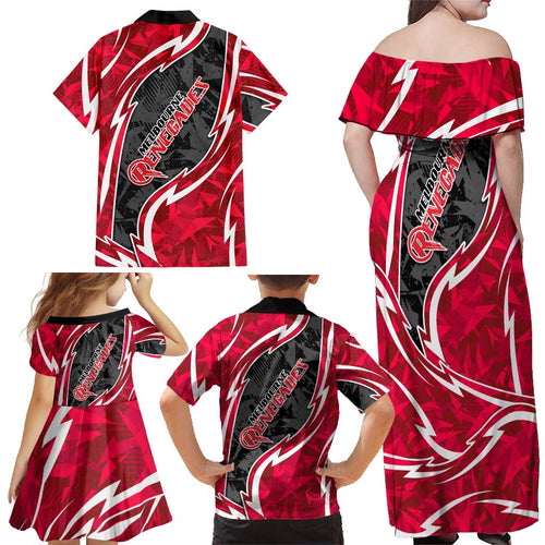 Melbourne Renegades Family Matching Off Shoulder Maxi Dress and Hawaiian Shirt Flaming Lightning Storm Geometric Sports Mascot Art