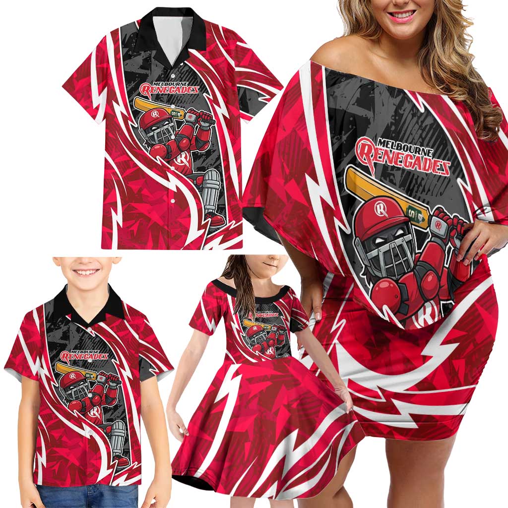 Melbourne Renegades Family Matching Off Shoulder Short Dress and Hawaiian Shirt Flaming Lightning Storm Geometric Sports Mascot Art