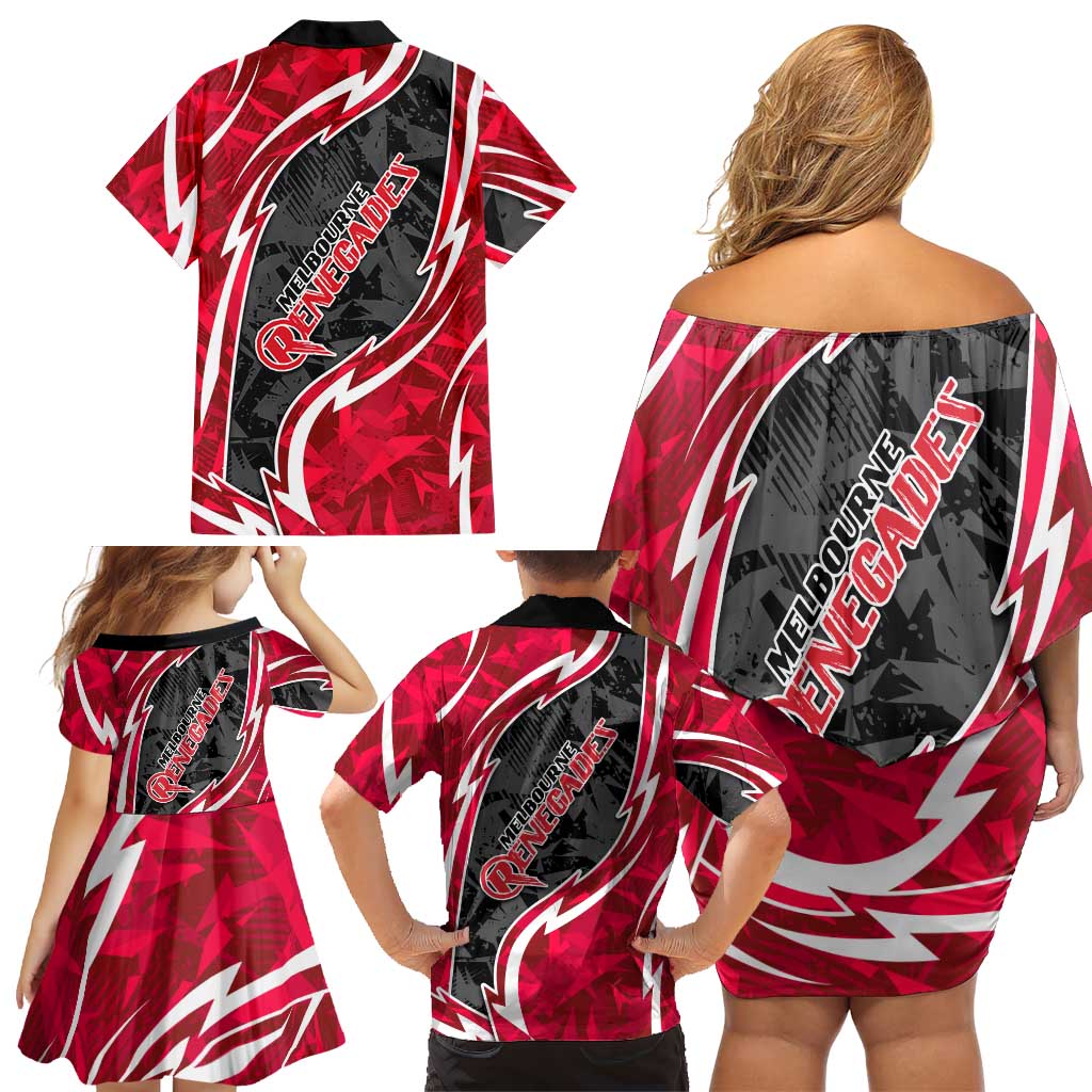 Melbourne Renegades Family Matching Off Shoulder Short Dress and Hawaiian Shirt Flaming Lightning Storm Geometric Sports Mascot Art