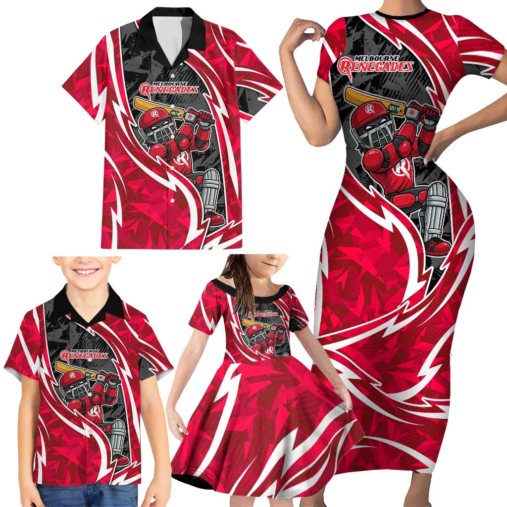 Melbourne Renegades Family Matching Short Sleeve Bodycon Dress and Hawaiian Shirt Flaming Lightning Storm Geometric Sports Mascot Art