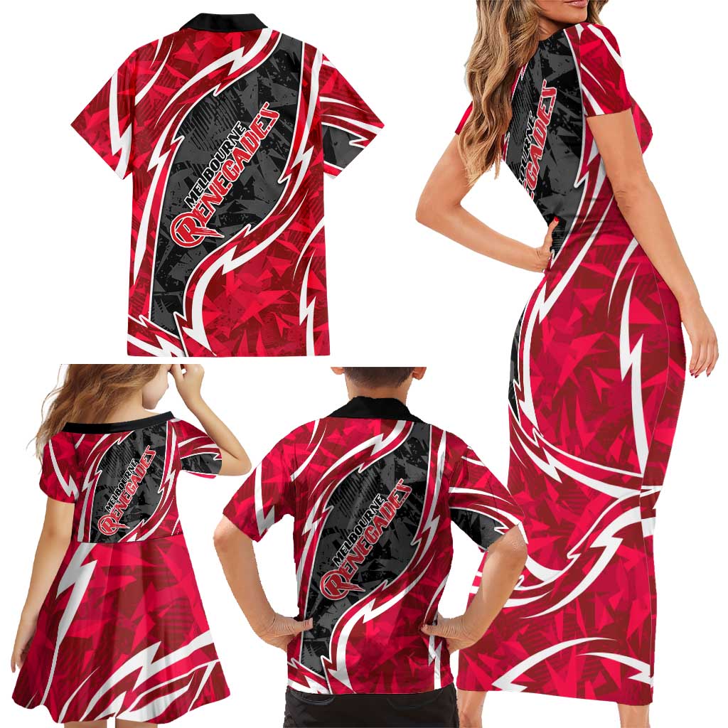 Melbourne Renegades Family Matching Short Sleeve Bodycon Dress and Hawaiian Shirt Flaming Lightning Storm Geometric Sports Mascot Art