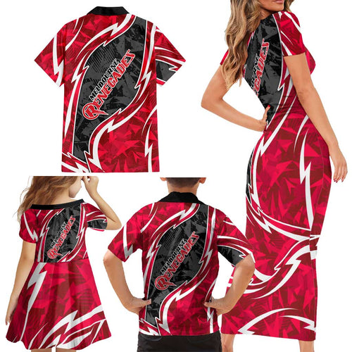 Melbourne Renegades Family Matching Short Sleeve Bodycon Dress and Hawaiian Shirt Flaming Lightning Storm Geometric Sports Mascot Art