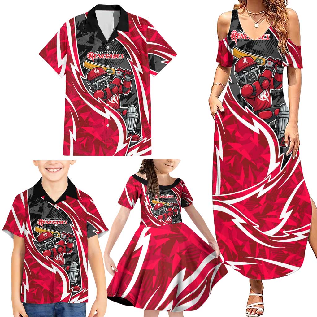 Melbourne Renegades Family Matching Summer Maxi Dress and Hawaiian Shirt Flaming Lightning Storm Geometric Sports Mascot Art