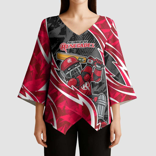 Melbourne Renegades Kimono Sleeve Blouse Flaming Lightning Storm Geometric Sports Mascot Art
