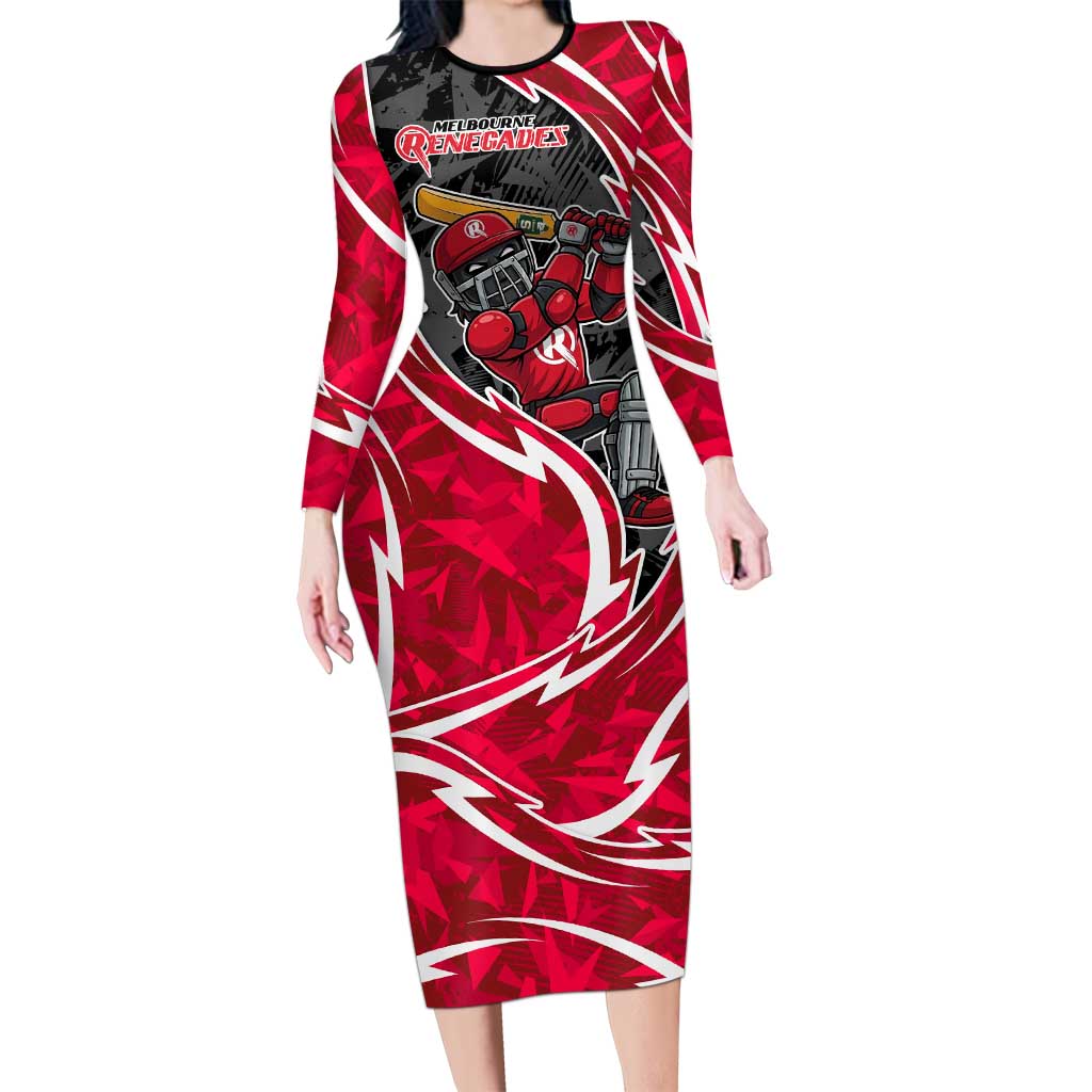 Melbourne Renegades Long Sleeve Bodycon Dress Flaming Lightning Storm Geometric Sports Mascot Art