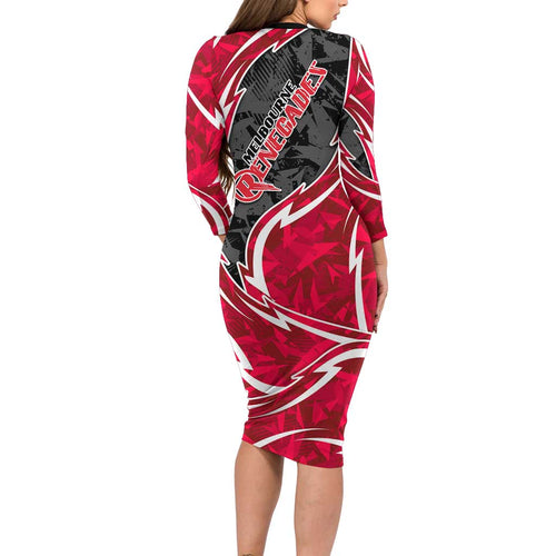 Melbourne Renegades Long Sleeve Bodycon Dress Flaming Lightning Storm Geometric Sports Mascot Art