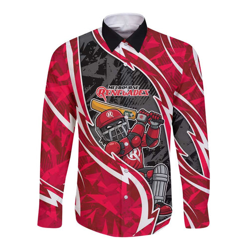 Melbourne Renegades Long Sleeve Button Shirt Flaming Lightning Storm Geometric Sports Mascot Art