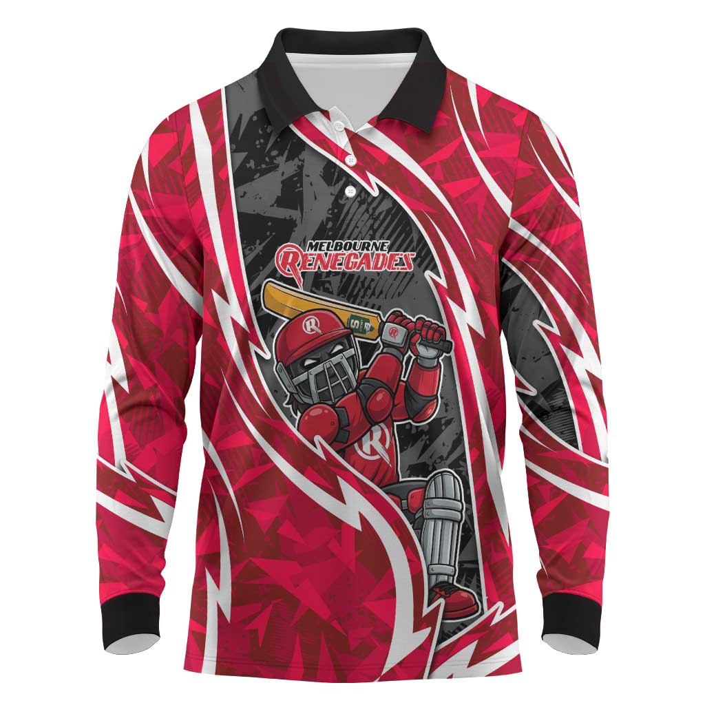 Melbourne Renegades Long Sleeve Polo Shirt Flaming Lightning Storm Geometric Sports Mascot Art