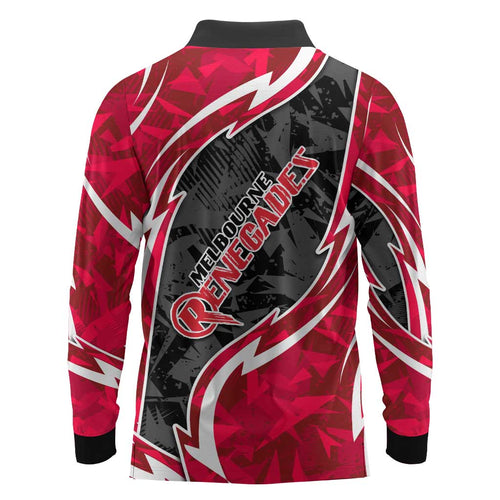 Melbourne Renegades Long Sleeve Polo Shirt Flaming Lightning Storm Geometric Sports Mascot Art