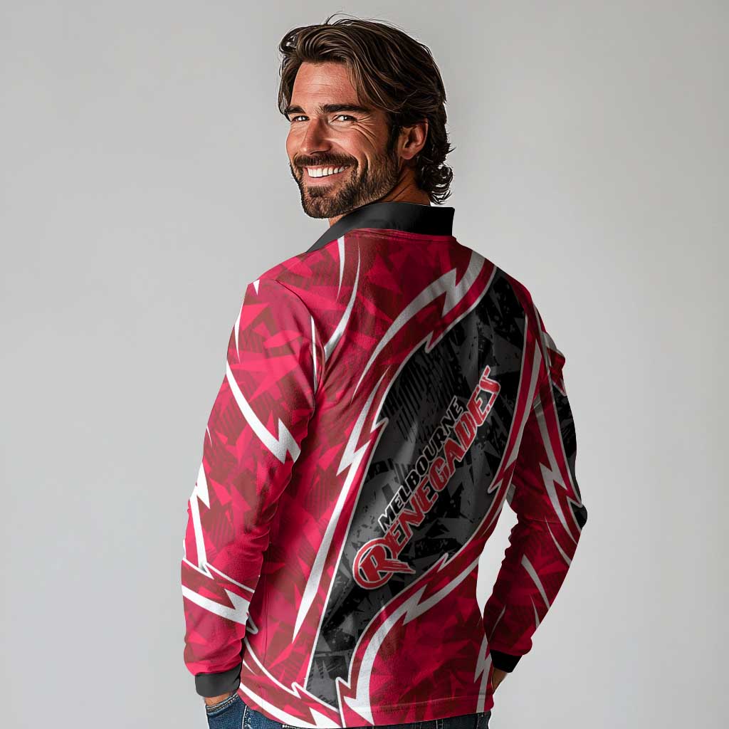 Melbourne Renegades Long Sleeve Polo Shirt Flaming Lightning Storm Geometric Sports Mascot Art