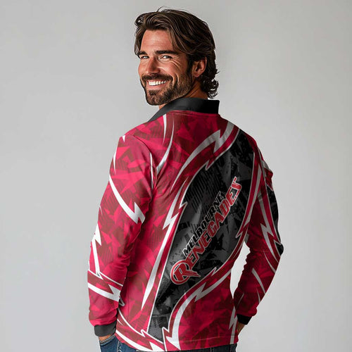 Melbourne Renegades Long Sleeve Polo Shirt Flaming Lightning Storm Geometric Sports Mascot Art