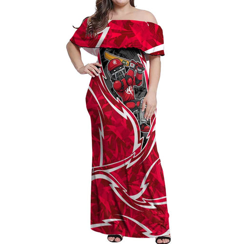 Melbourne Renegades Off Shoulder Maxi Dress Flaming Lightning Storm Geometric Sports Mascot Art