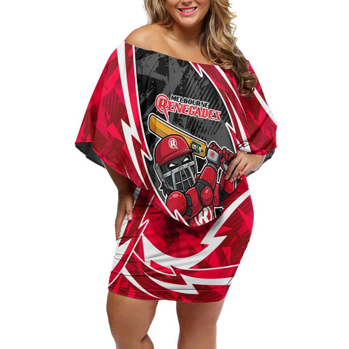 Melbourne Renegades Off Shoulder Short Dress Flaming Lightning Storm Geometric Sports Mascot Art
