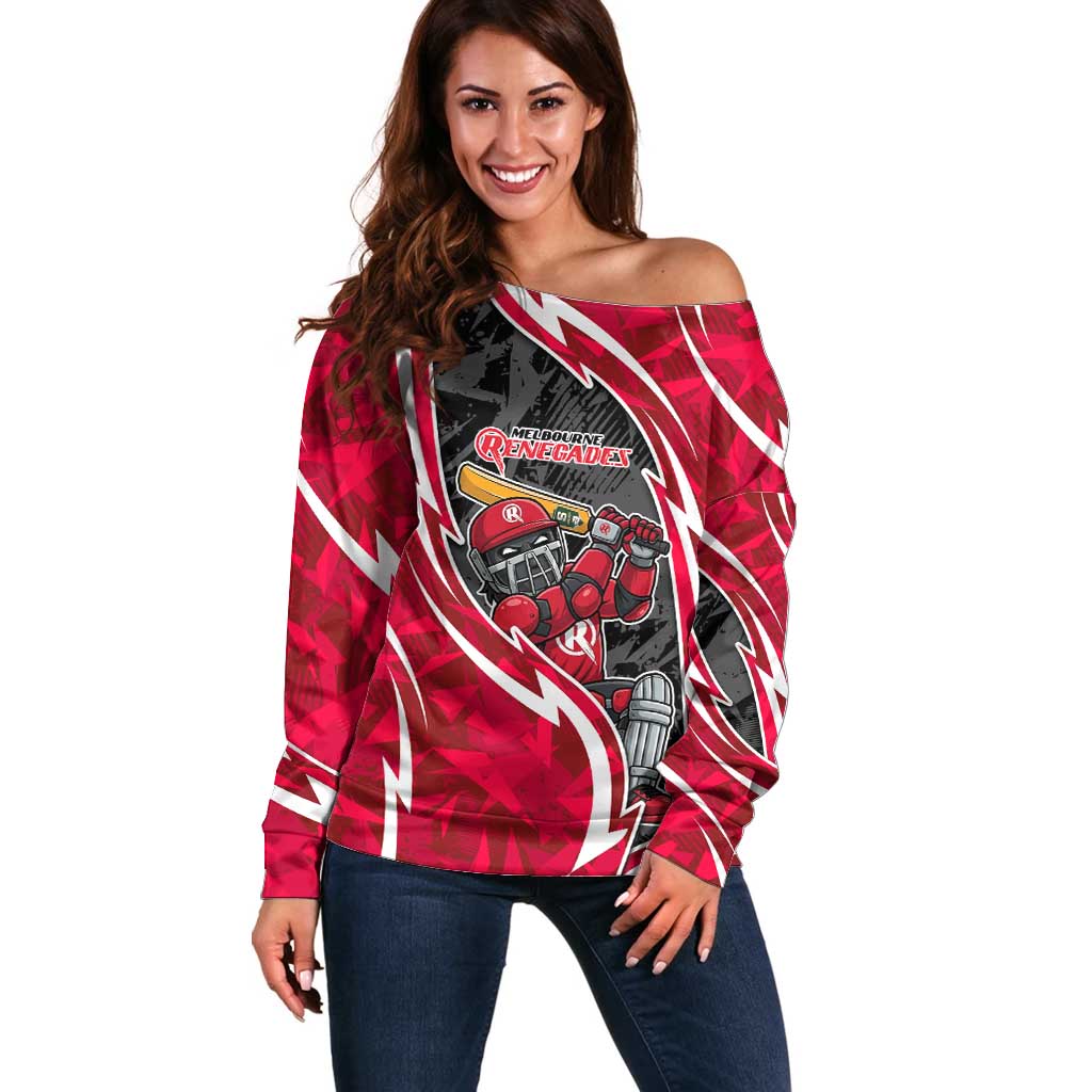 Melbourne Renegades Off Shoulder Sweater Flaming Lightning Storm Geometric Sports Mascot Art