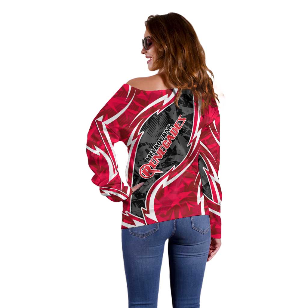 Melbourne Renegades Off Shoulder Sweater Flaming Lightning Storm Geometric Sports Mascot Art