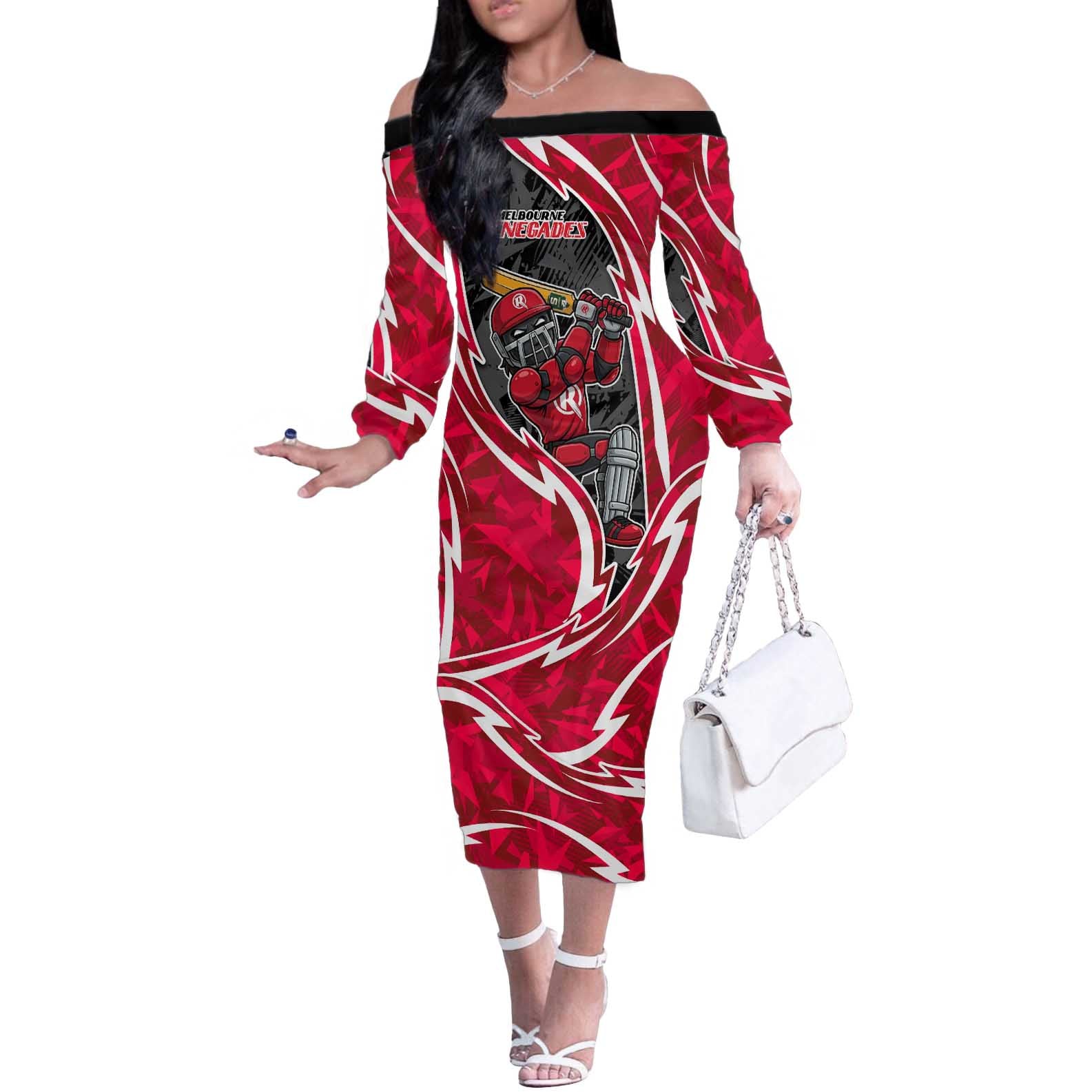 Melbourne Renegades Off The Shoulder Long Sleeve Dress Flaming Lightning Storm Geometric Sports Mascot Art