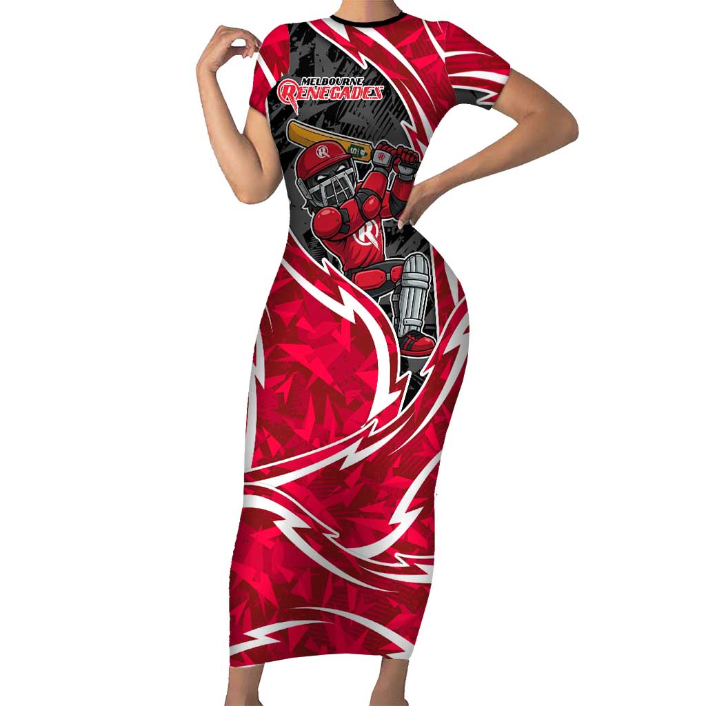Melbourne Renegades Short Sleeve Bodycon Dress Flaming Lightning Storm Geometric Sports Mascot Art