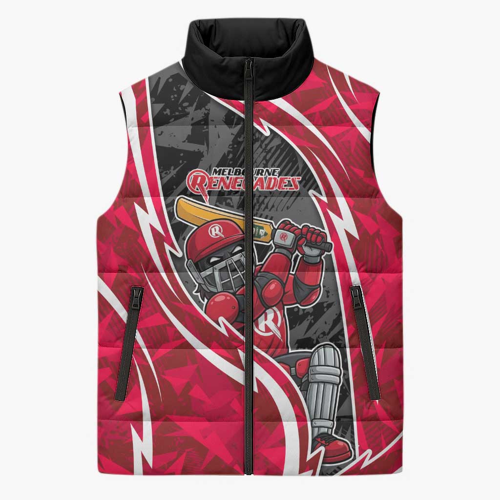 Melbourne Renegades Sleeveless Puffer Jacket Flaming Lightning Storm Geometric Sports Mascot Art