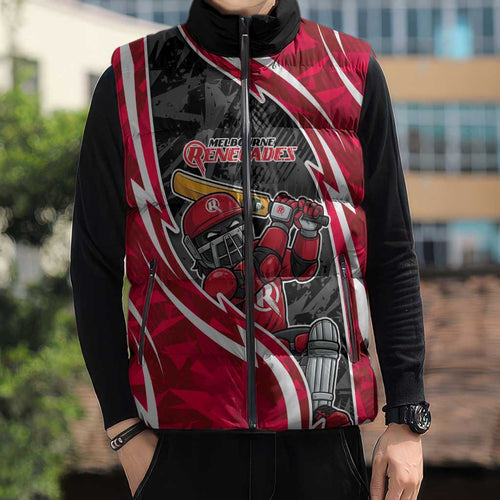 Melbourne Renegades Sleeveless Puffer Jacket Flaming Lightning Storm Geometric Sports Mascot Art