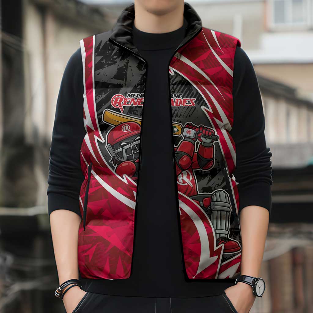 Melbourne Renegades Sleeveless Puffer Jacket Flaming Lightning Storm Geometric Sports Mascot Art