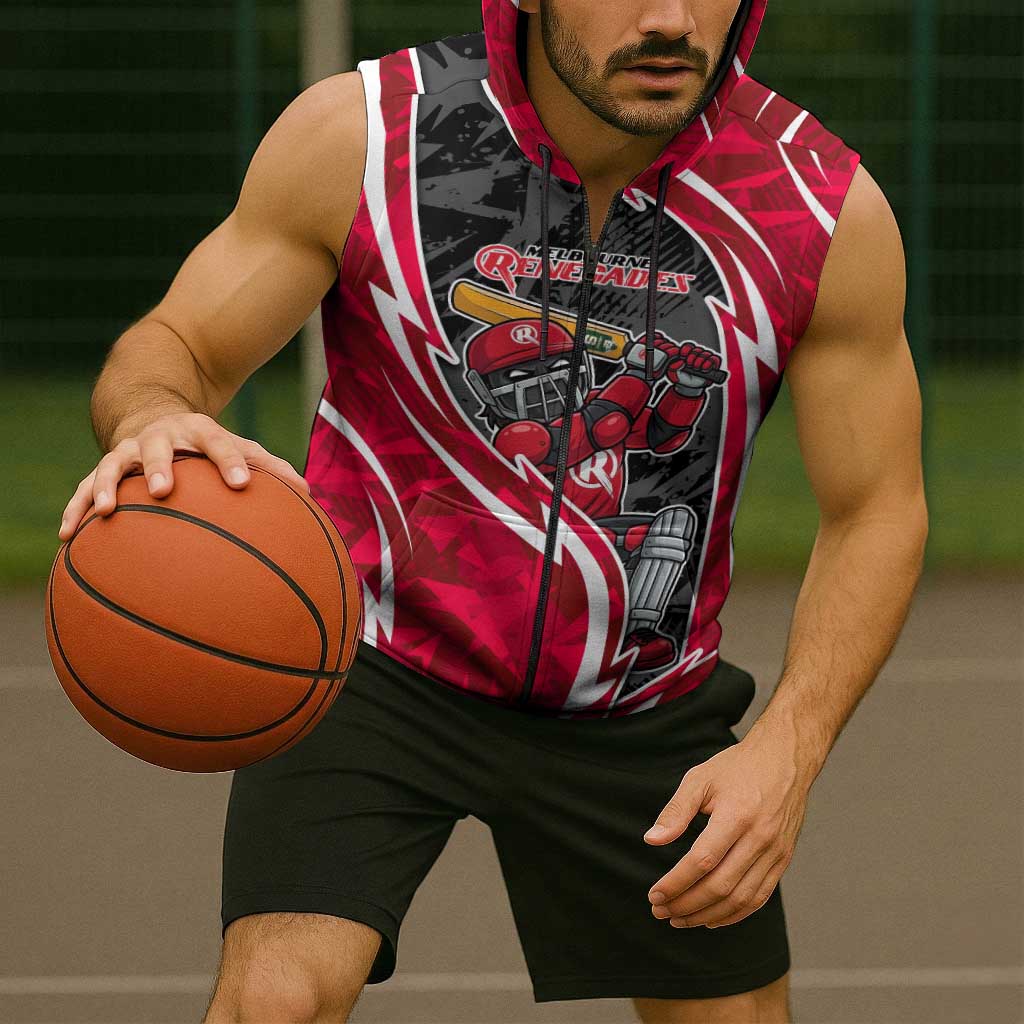 Melbourne Renegades Sleeveless Zip Hoodie Flaming Lightning Storm Geometric Sports Mascot Art
