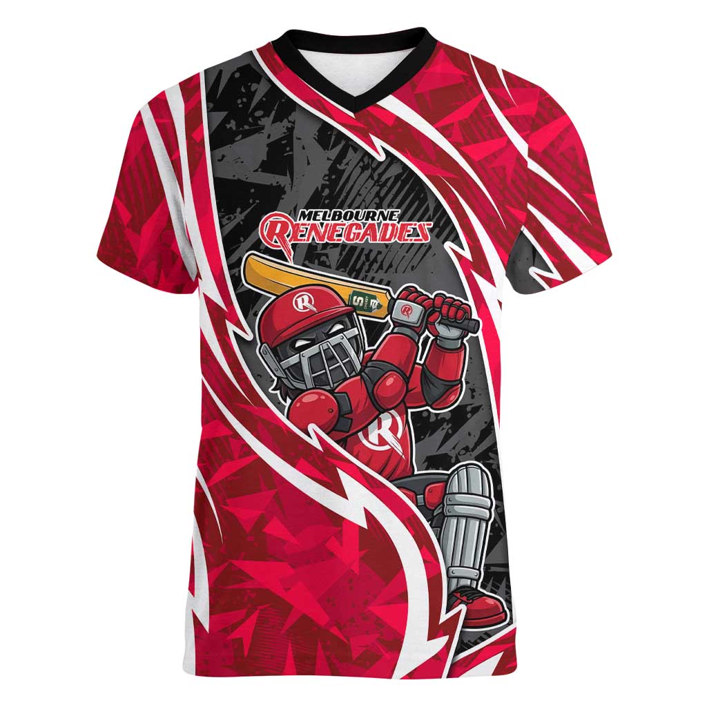 Melbourne Renegades Women V-Neck T-Shirt Flaming Lightning Storm Geometric Sports Mascot Art