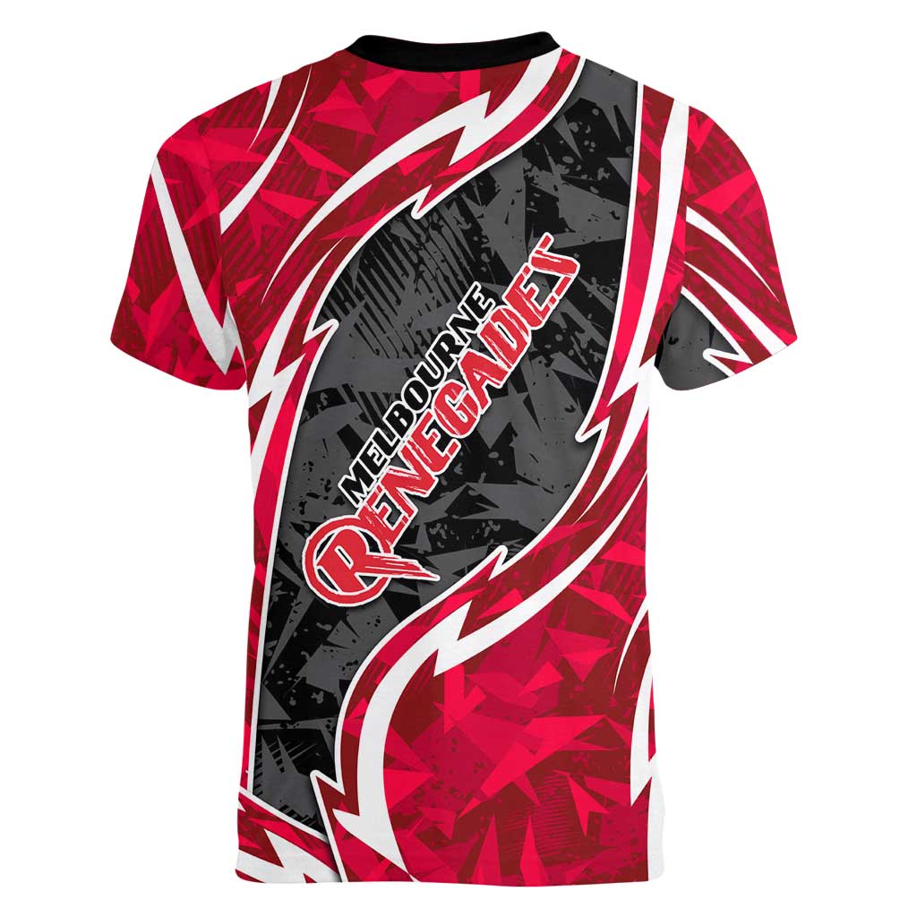 Melbourne Renegades Women V-Neck T-Shirt Flaming Lightning Storm Geometric Sports Mascot Art
