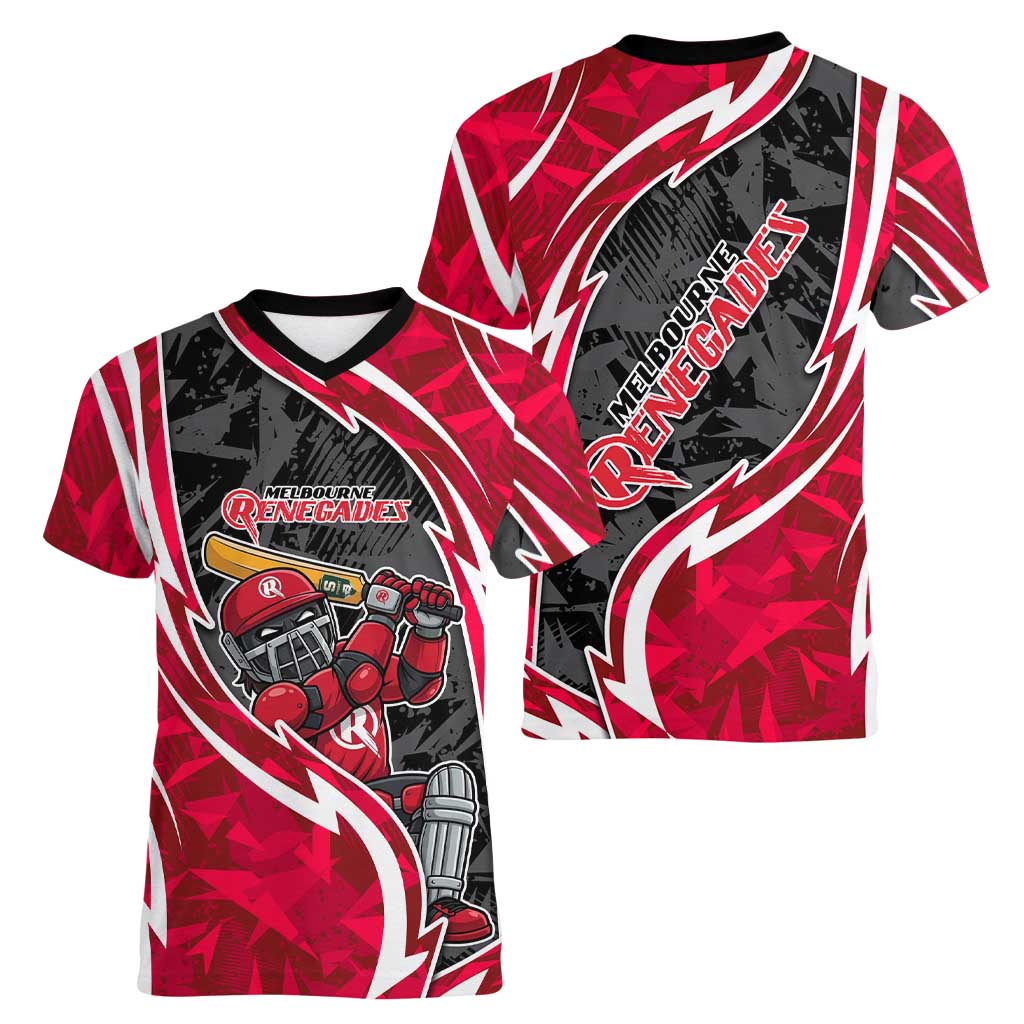 Melbourne Renegades Women V-Neck T-Shirt Flaming Lightning Storm Geometric Sports Mascot Art